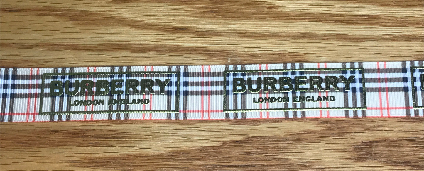7/8" Wide Famous Plaid With Gold Color Foil Hologram Designer Burberry Classic Logo Grosgrain Ribbon