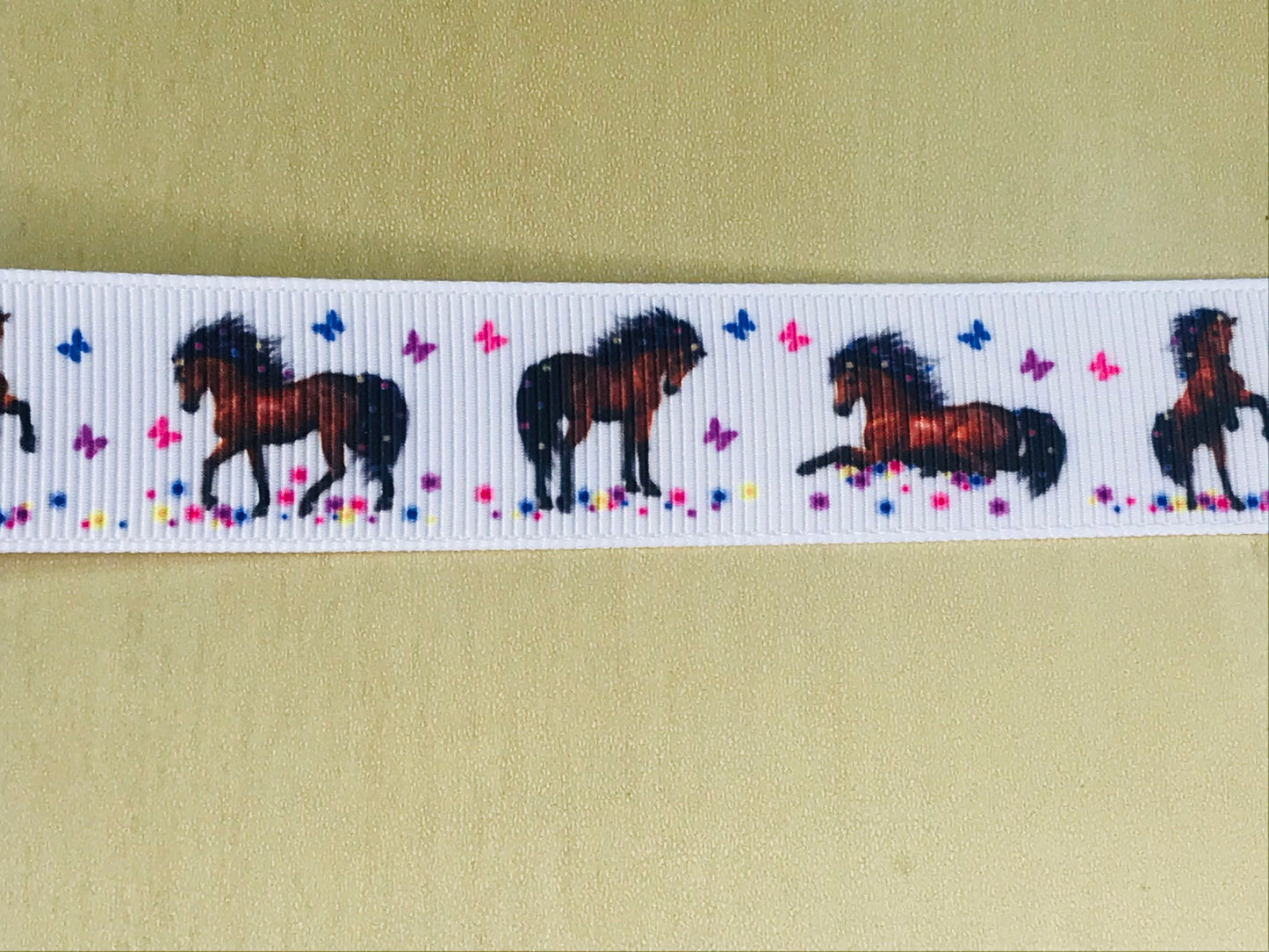 SALE 7/8" White Ribbon with Brown Horses Horse Stallion Butterflies Printed Grosgrain Ribbon