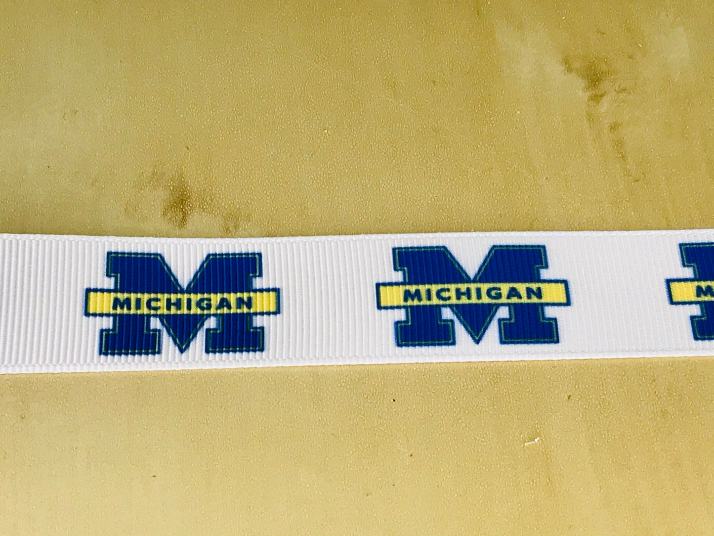 7/8" Wide University of Michigan State College M Blue & Gold Logo Printed Grosgrain Ribbon