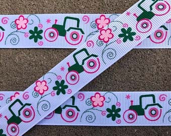 SALE 3/8" Green and Pink Tractor Farm Farmer John Deere Inspired Grosgrain Ribbon