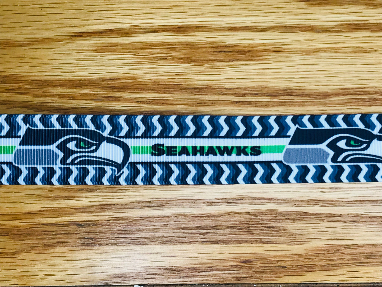1" Wide NFL Football Team Seattle Seahawks Logo Printed On Blue, Gray & White Chevron Grosgrain Ribbon