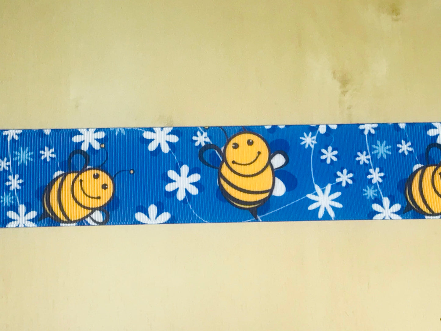 SALE 1-1/2" Wide Blue Grosgrain Ribbon With Happy Bumble Bee Print