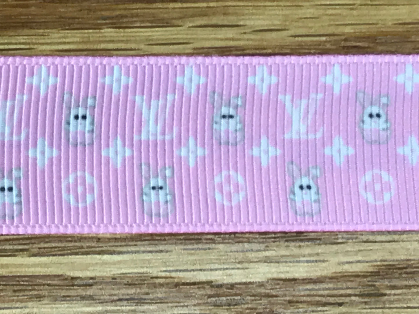 SALE 1-1/2" Wide Famous Designer LV Louis Vuitton Logo With Easter Bunny Rabbits On Pink Grosgrain Ribbon