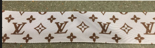 1-1/2" Wide Famous White and Gold Designer LV Louis Vuitton Logo Grosgrain Ribbon
