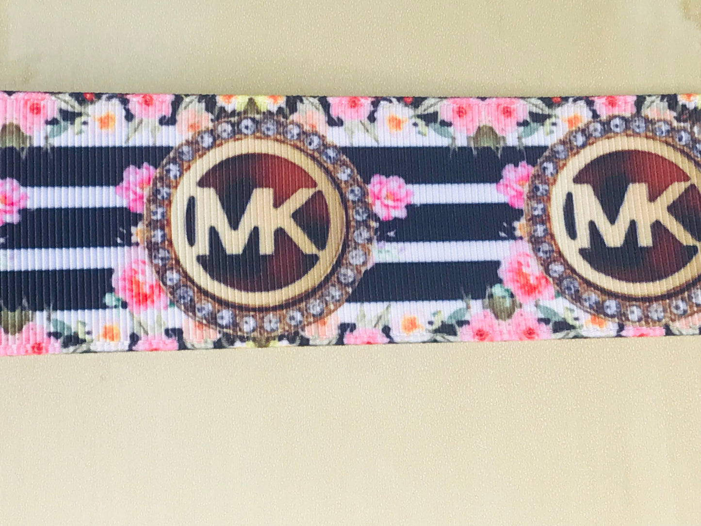 1-1/2" Wide Michael Kors MK Diamond Encrusted Logo With Black & White Stripes & Flowers Printed Grosgrain Ribbon