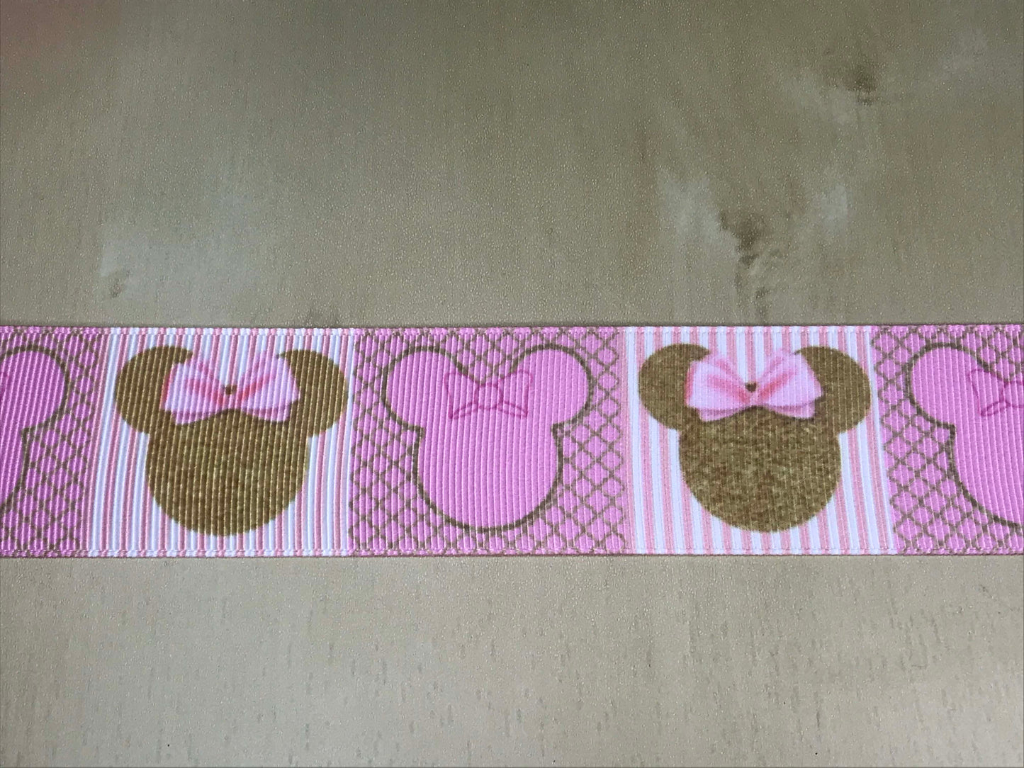 SALE 1-1/2" wide Minnie Mouse Pink and Gold Princess Printed Grosgrain Ribbon