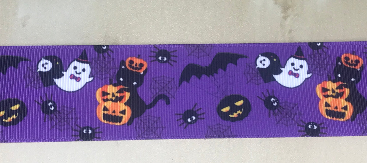 SALE 1-1/2" Wide Purple Halloween Bats Cats Pumpkins & Ghosts Printed Grosgrain Ribbon