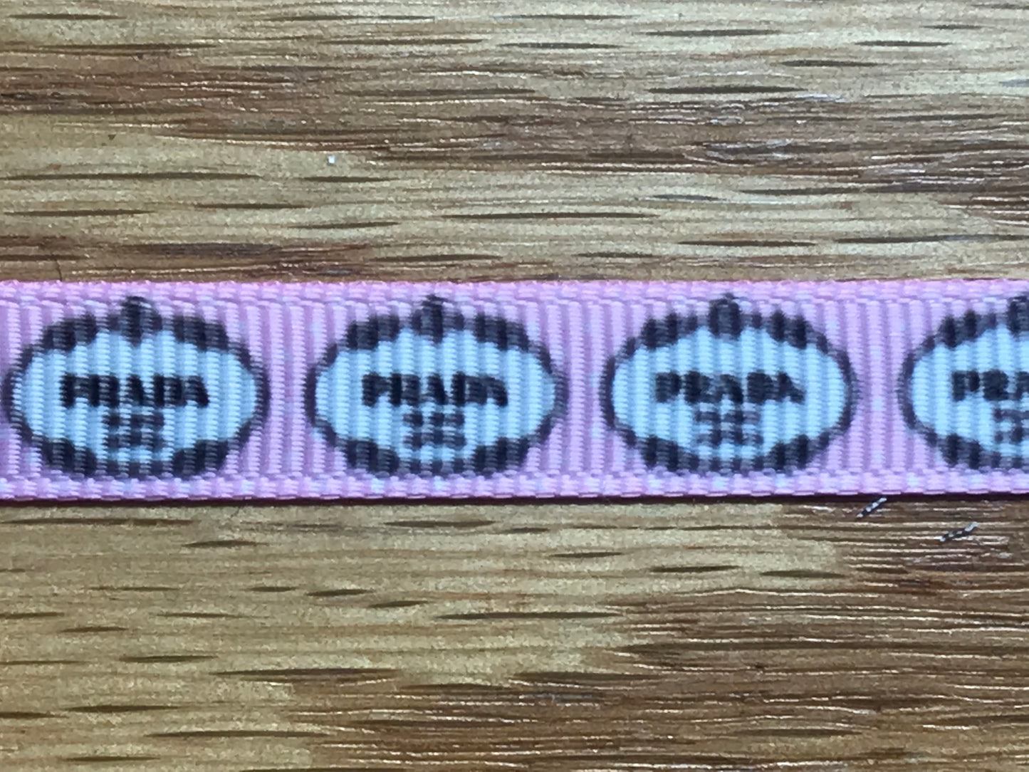 3/8" Wide Famous Italian Designer Prada Logo Pink with White Grosgrain Ribbon