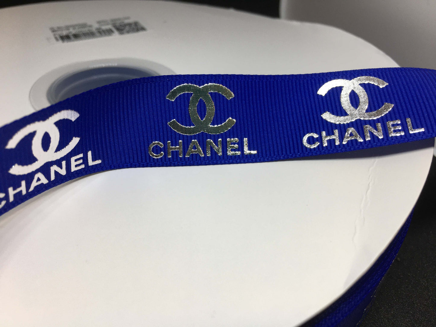 7/8" Wide Cobalt Blue Ribbon With Silver Metallic Foil Printing Famous Brand Designer Logo