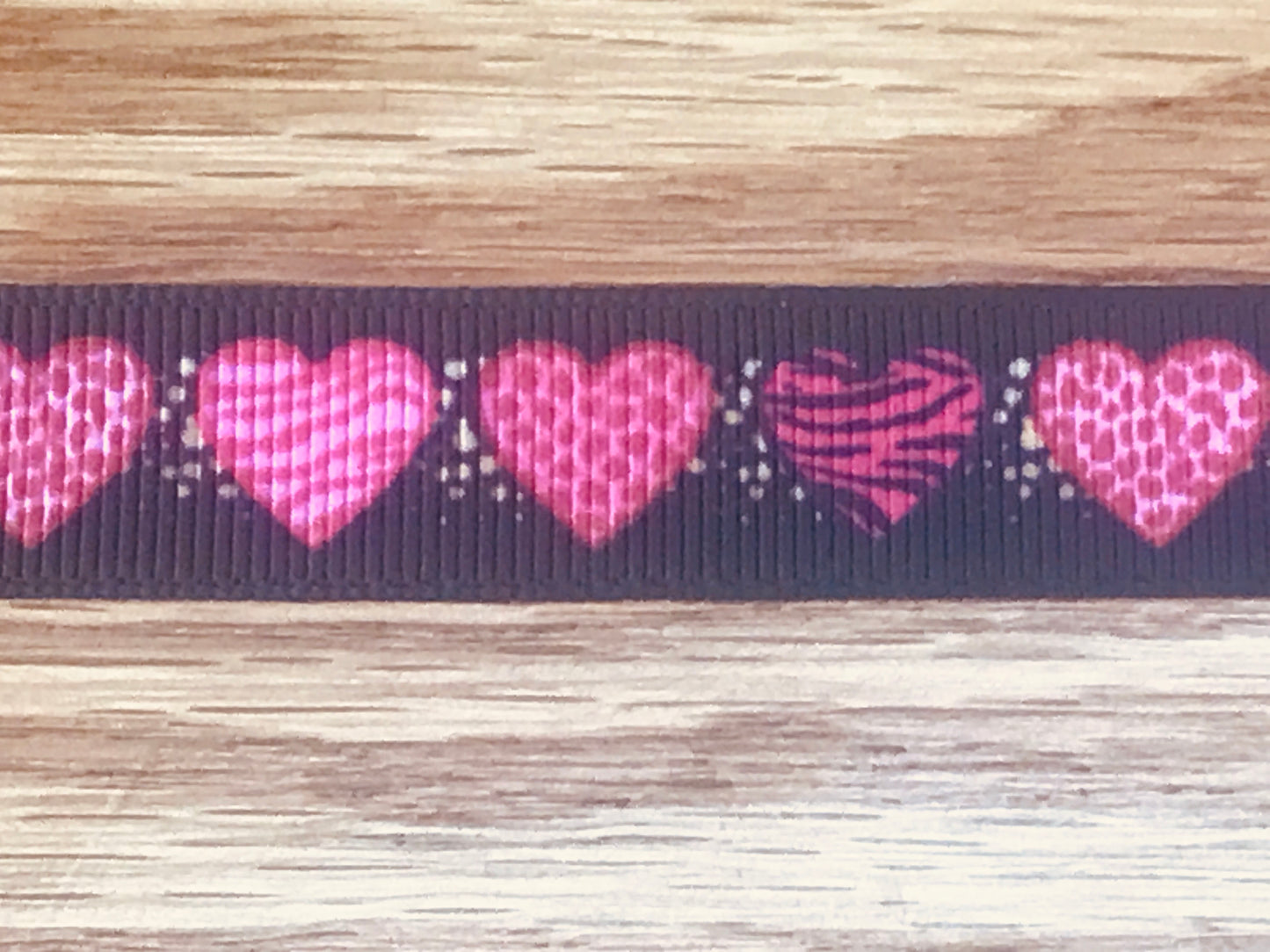 SALE 5/8" Wide Black Grosgrain Ribbon With Pink & Red Animal Print Hearts Design