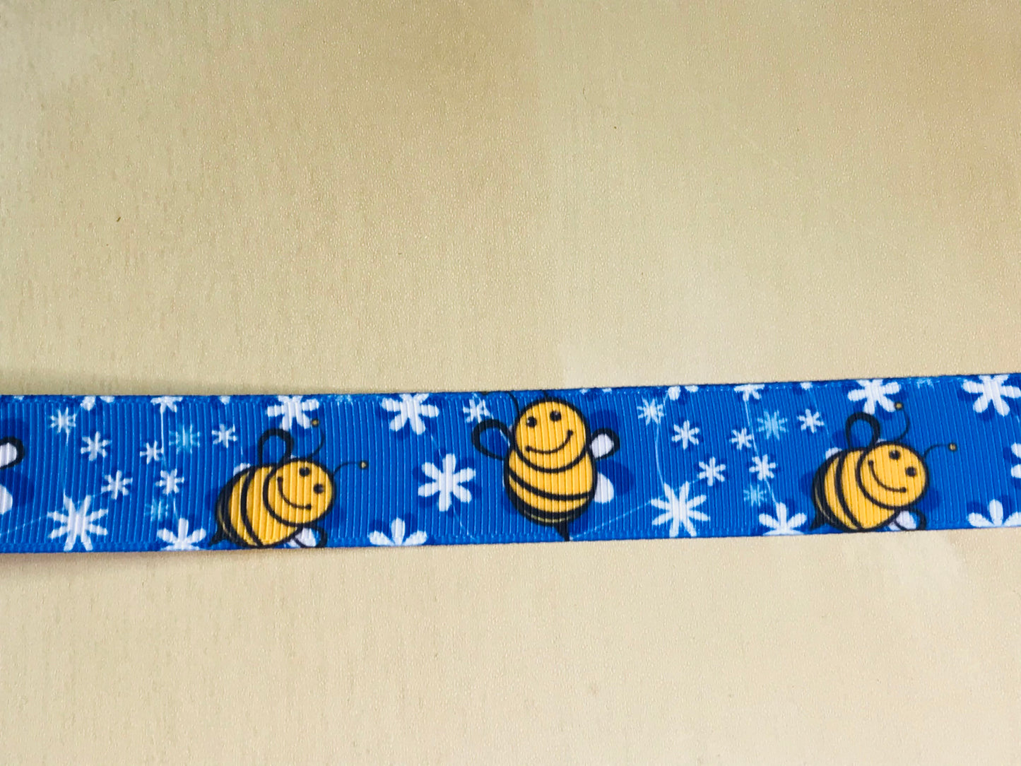 SALE 5/8" Wide Blue Grosgrain Ribbon With Happy Bumble Bee Print