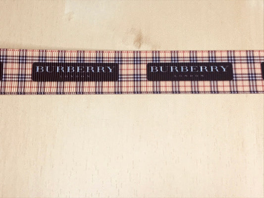 5/8" Burberry London Tan Dark  Black White Red Plaid Print Grosgrain Ribbon