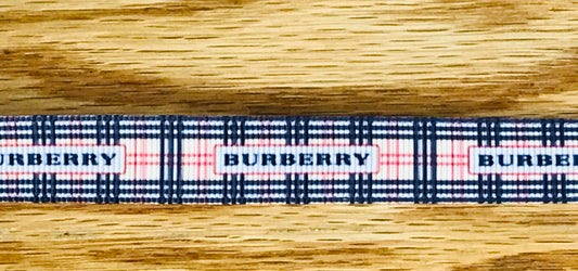 5/8" Burberry London Tan Black White Red Plaid Light Logo  Print Grosgrain Ribbon
