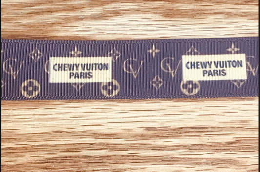 5/8" Famous French Designer Louis Vuitton Dog Parody Chewy Vuiton Brown & Gold Grosgrain Ribbon