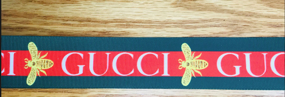 5/8" Wide Gucci Red & Green Stripes With Gold Bee Logo Grosgrain Ribbon