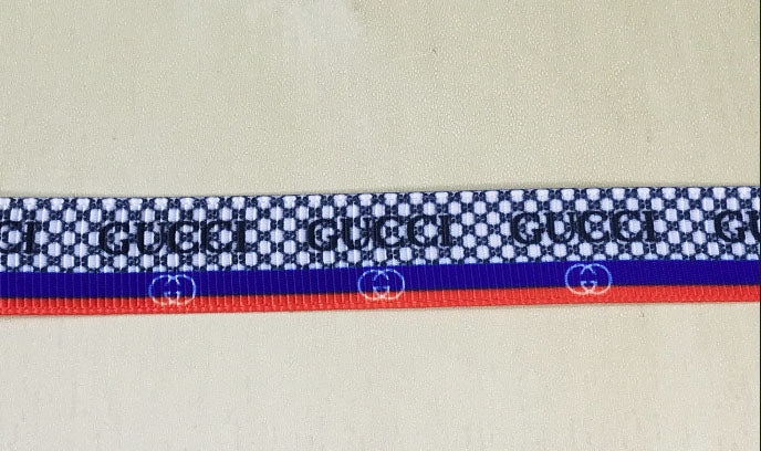 5/8" Gucci Red White Black & Blue Designer Logo Printed Grosgrain Ribbon