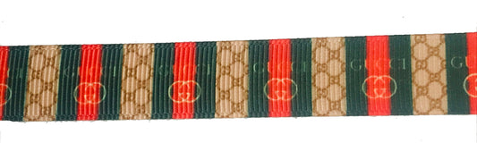 5/8" Green and Red Vertical Stripes Gucci GG  Printed Grosgrain Ribbon