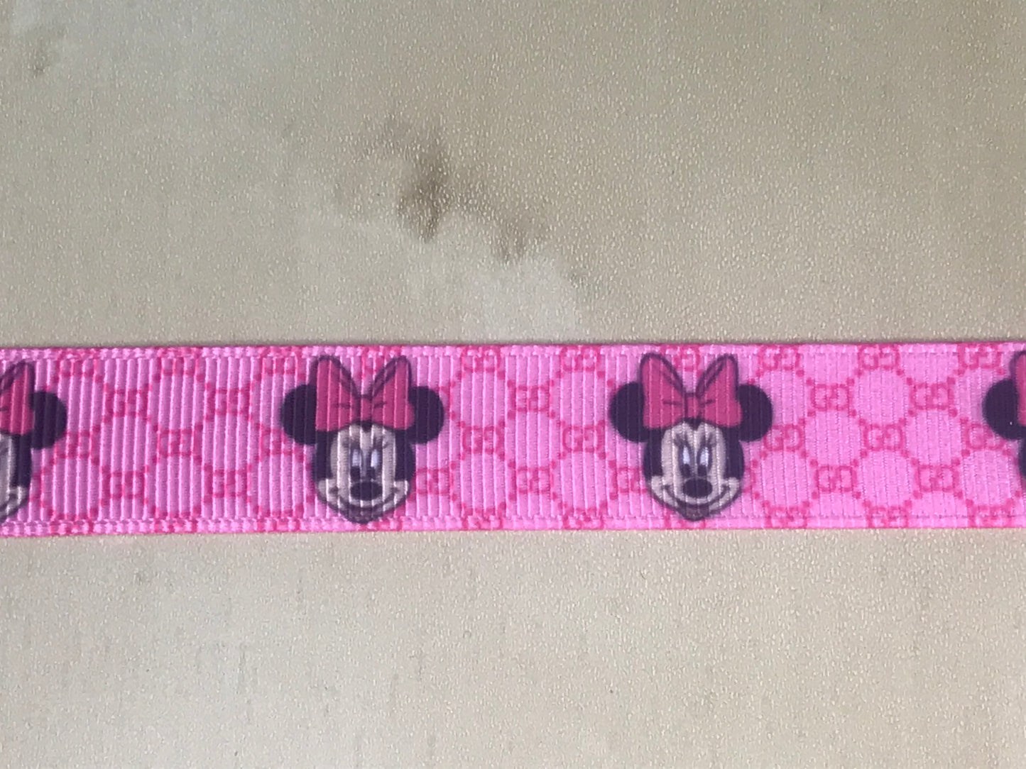 5/8" Wide Minnie Mouse Face Pink And White Gucci Printed Grosgrain Ribbon