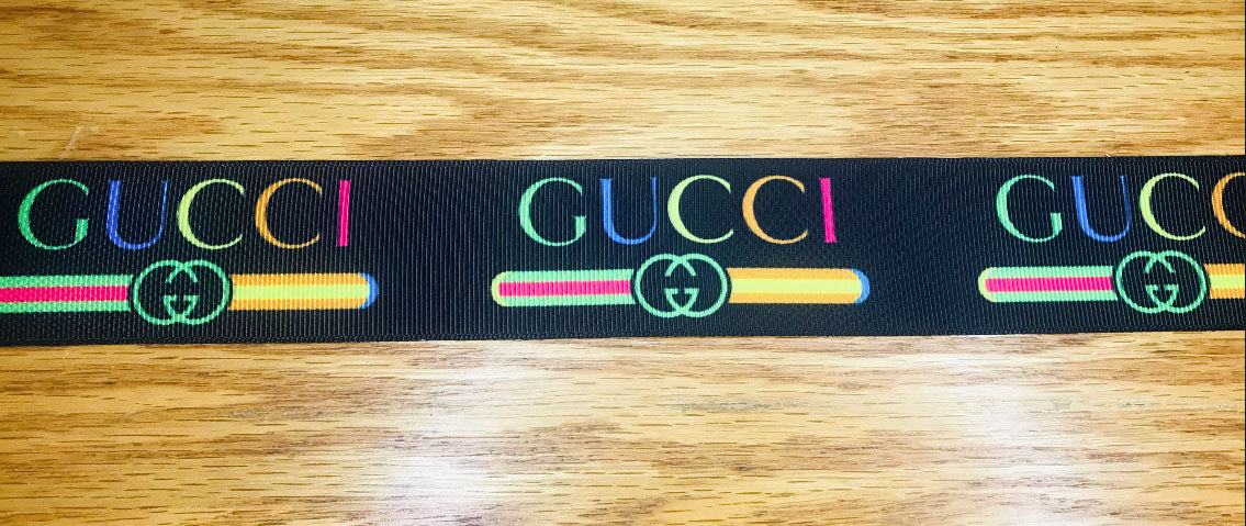 5/8" Wide Famous Brand Designer Gucci Black Grosgrain Ribbon With Primary Colors