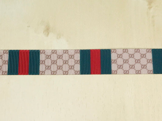 5/8" Green and Red Gucci GG Vertical Stripes Printed Grosgrain Ribbon