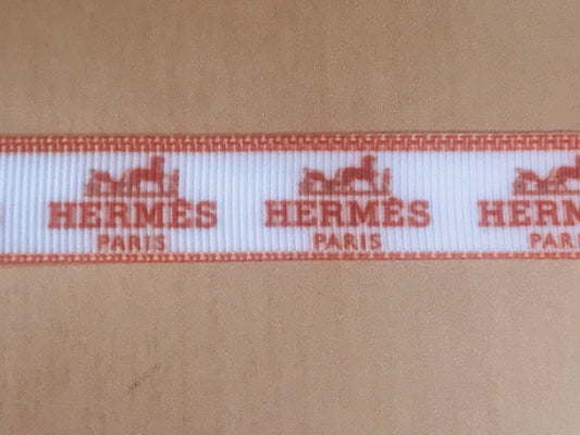 5/8" Wide Hermes Orange and White Horse and Carriage Designer Grosgrain Ribbon