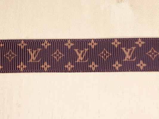 5/8" Wide Famous Brown and Gold Designer LV Louis Vuitton Logo Grosgrain Ribbon