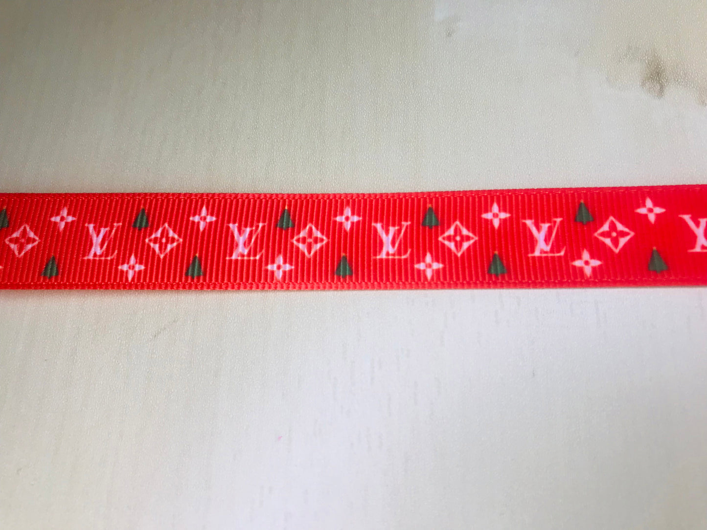 5/8" Wide Louis Vuitton LV Logo Christmas Tree Printed Grosgrain Ribbon