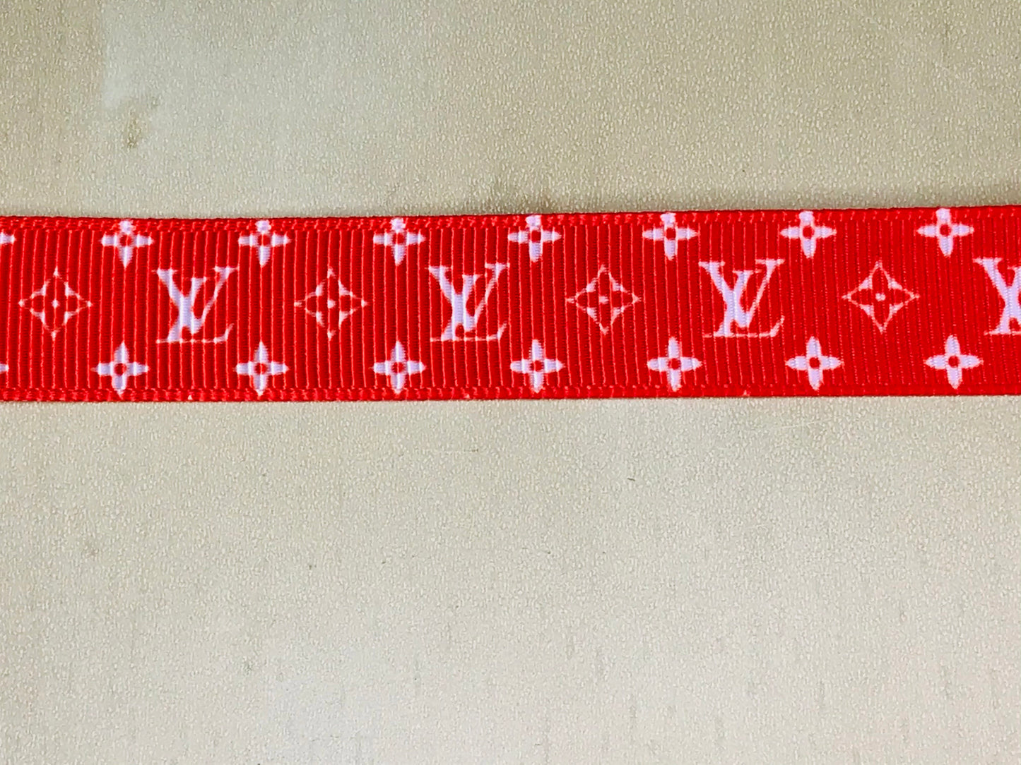 5/8" Wide Famous Red and White Designer LV Louis Vuitton Logo Grosgrain Ribbon