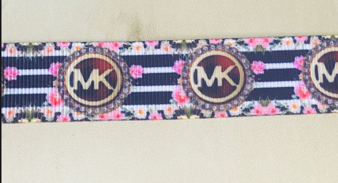 5/8" Wide Michael Kors MK Diamond Encrusted Logo With Black & White Stripes & Flowers Printed Grosgrain Ribbon