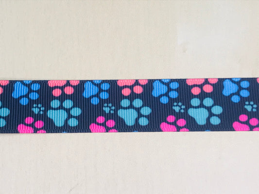 5/8" Wide Black Ribbon With Paw Bright Colored Paw Prints Grosgrain Ribbon