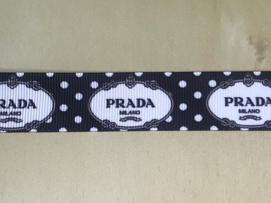 5/8" Wide Famous Italian Designer Prada Logo Black with White Grosgrain Ribbon