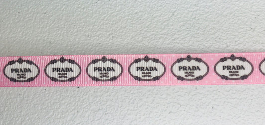 5/8" Wide Famous Italian Designer Prada Logo Pink with White Grosgrain Ribbon