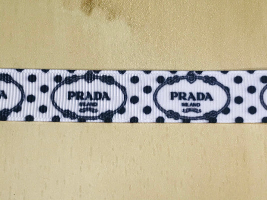 5/8" Wide Famous Italian Designer Prada Logo White with Black Grosgrain Ribbon