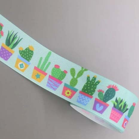 7/8" Potted Cactus and Succulent Plants Printed Grosgrain Ribbon