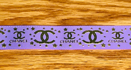 7/8" Wide Purple Ribbon With Gold Metallic Foil Printing Famous Designer Brand Logo