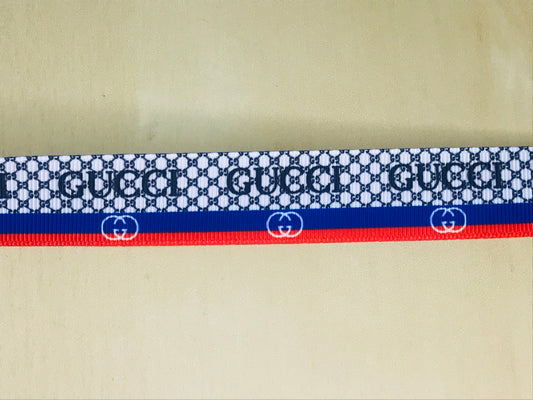 7/8" Gucci Red White Black & Blue Designer Logo Printed Grosgrain Ribbon