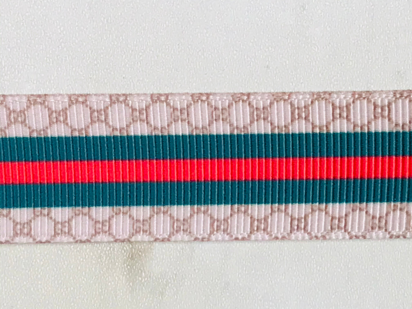 7/8" Green and Red Gucci GG Center Stripes Printed Grosgrain Ribbon