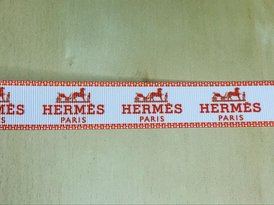 7/8" Hermes Orange and White Horse and Carriage Designer Grosgrain Ribbon