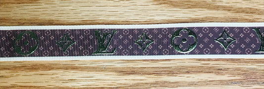 7/8" Wide Famous Brown with Gold Color Foil Hologram Designer Louis Vuitton LV Classic Logo Grosgrain Ribbon