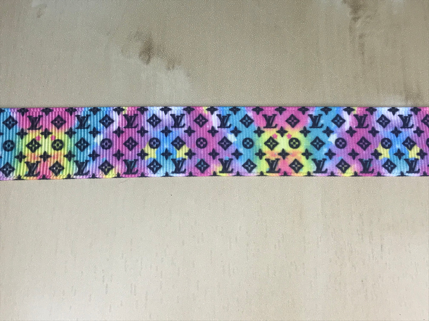 7/8" Wide Louis Vuitton Multiple Primary Bright Color Fade LV Logo Printed Grosgrain Ribbon