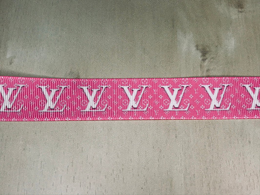 7/8" Wide Famous Pink and Off White Designer LV Louis Vuitton Logo Grosgrain Ribbon