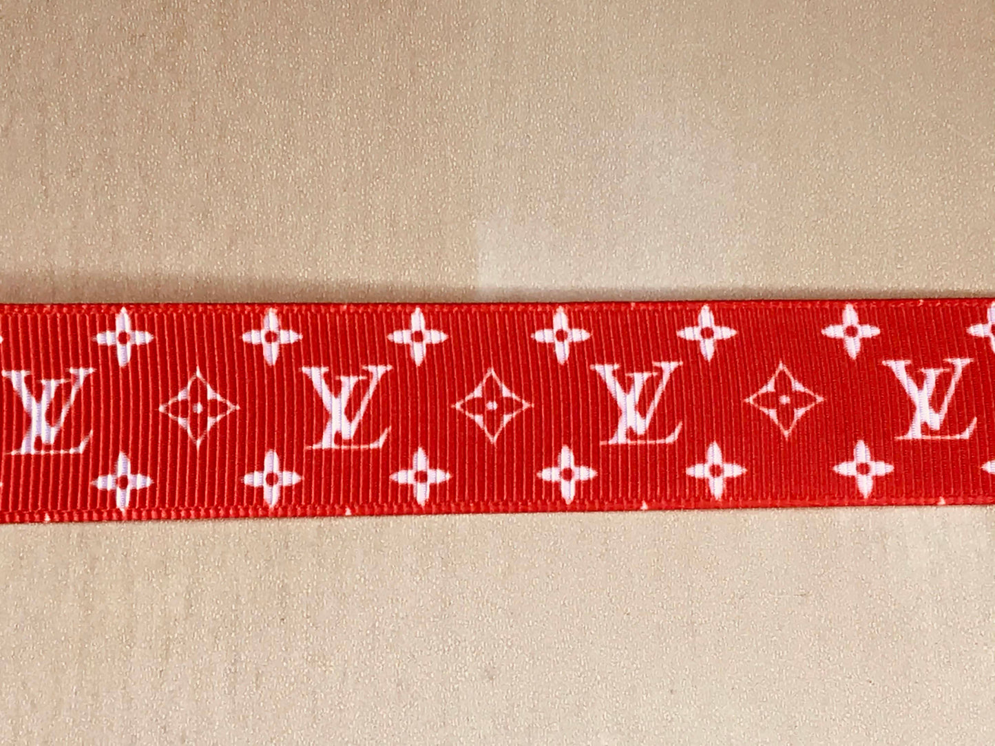 7/8" Wide Famous Red and White Designer LV Louis Vuitton Logo Grosgrain Ribbon