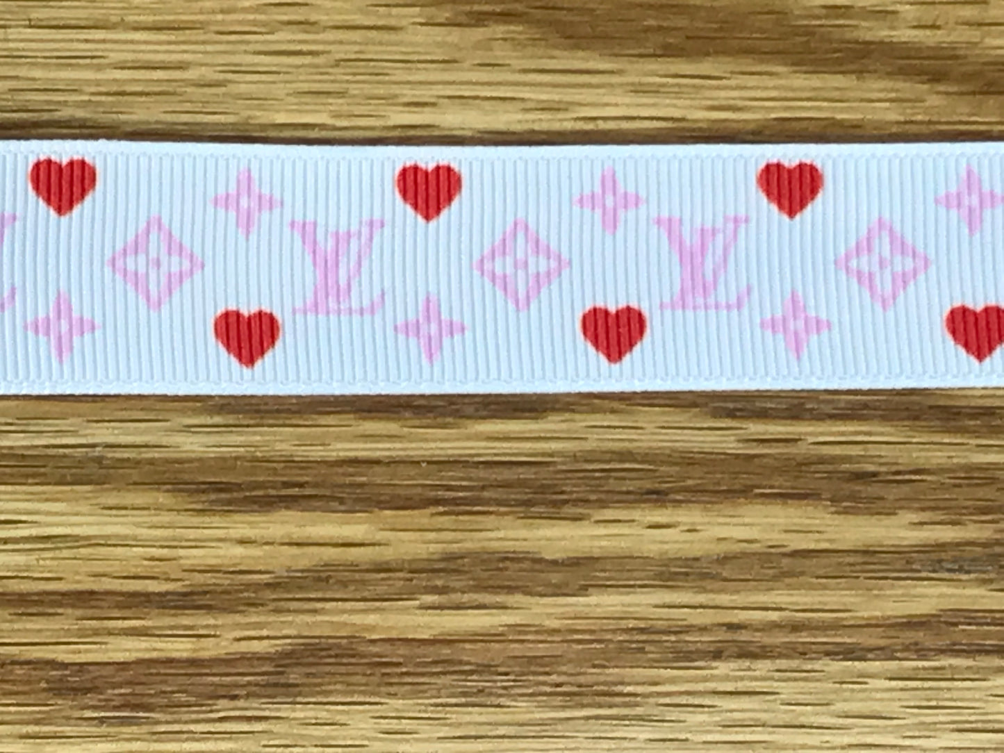 7/8" Wide Famous Designer LV Louis Vuitton Logo With Hearts Valentine's Day Love Grosgrain Ribbon