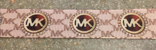7/8" Wide Famous Designer Michael Kors MK Letters Diamond Encrusted Medallion Logo Grosgrain Ribbon