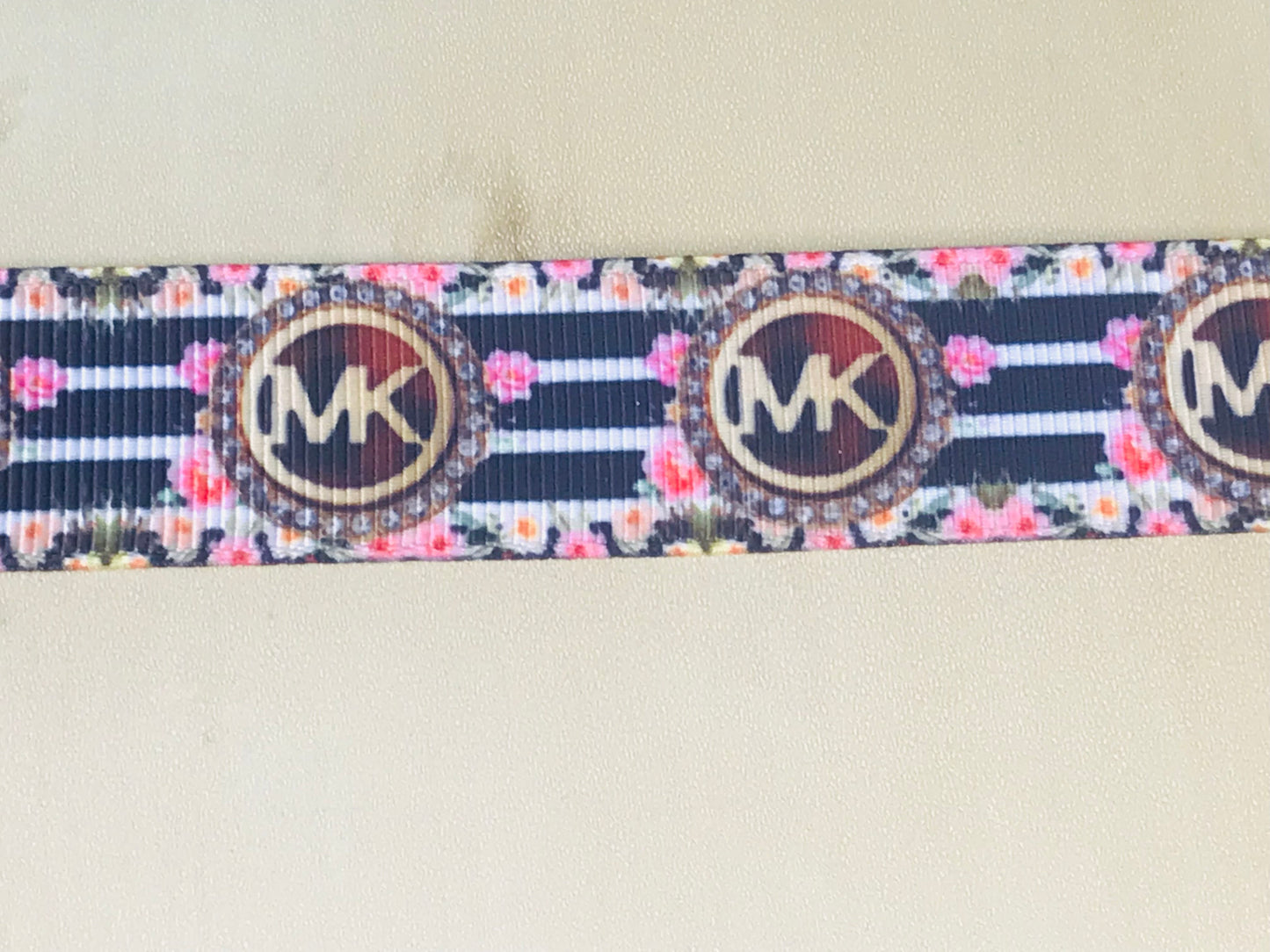 7/8" Wide Michael Kors MK Diamond Encrusted Logo With Black & White Stripes & Flowers Printed Grosgrain Ribbon