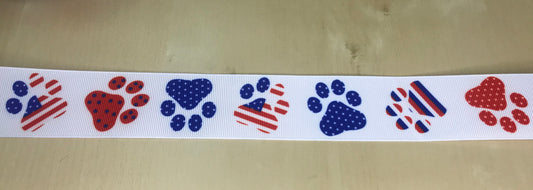 7/8" Wide Patriotic Paw Prints Cat & Dog Red, White & Blue Printed Grosgrain Ribbon