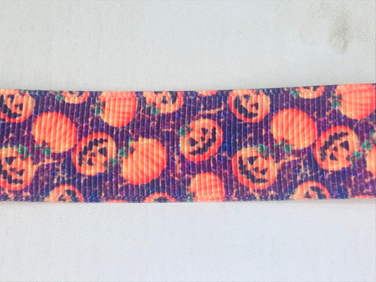 7/8" Wide Purple Grosgrain Ribbon With Happy Halloween Pumpkin Print