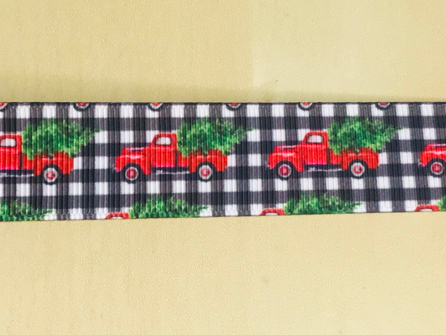 7/8" Black and White Buffalo Plaid with Vintage Red Truck Holiday Printed Grosgrain Ribbon