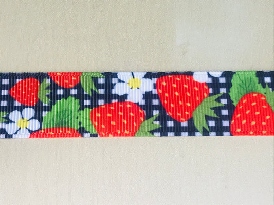 7/8" Wide Strawberries and Buffalo Black and White Checkered Printed Grosgrain Ribbon