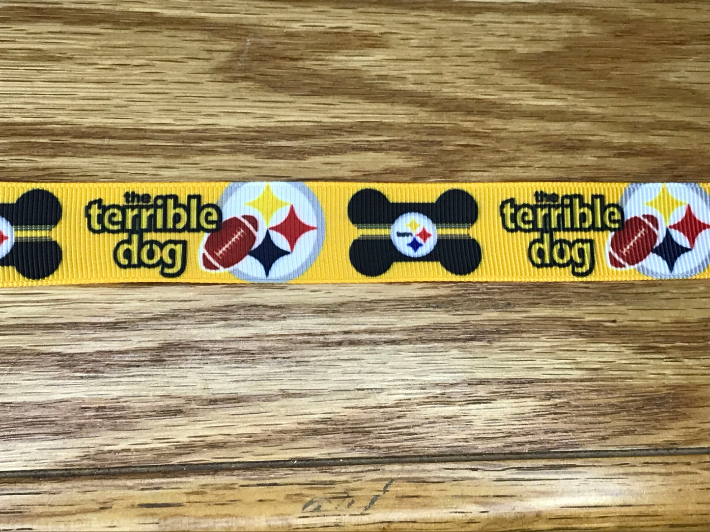 7/8" Wide NFL Football Team Pittsburgh Steelers Terrible Towel Dog Parody Terrible Dog Printed Grosgrain Ribbon